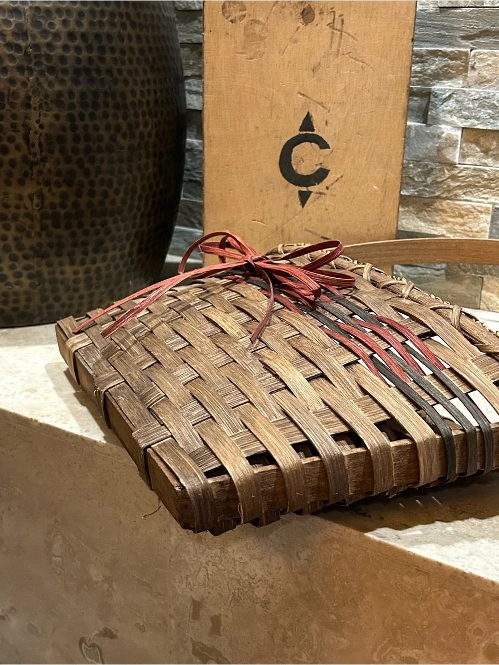 hand-woven wall or door hung wooden splint basket